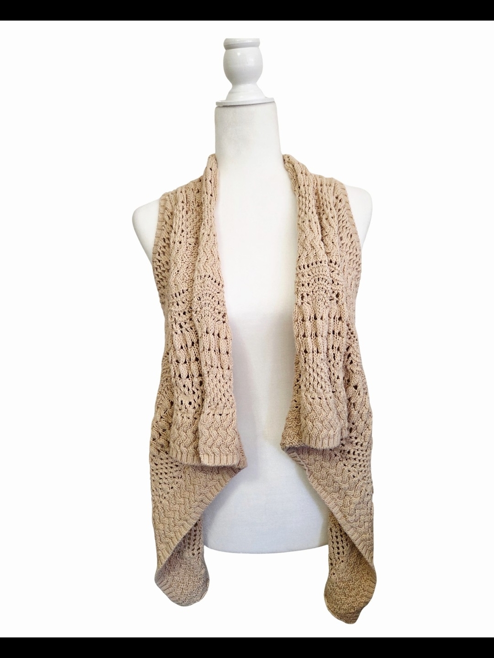 INC International Concepts Beige Open-Front Crochet Knit Vest